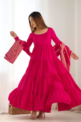 Rani pink color pure roman silk ruffle style anarkali suit