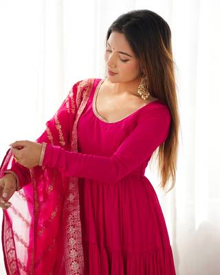 Rani pink pure roman silk ruffle style anarkali suit 2