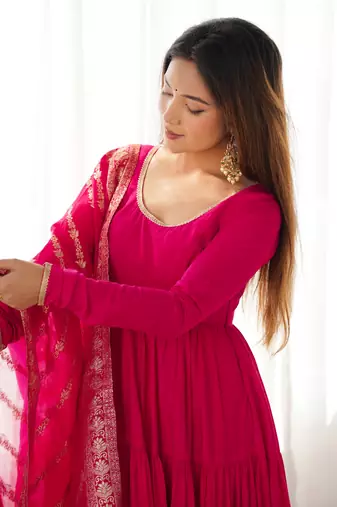 Rani pink pure roman silk ruffle style anarkali suit