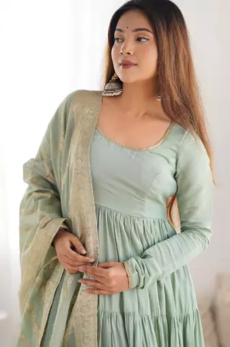 Pista pure roman silk ruffle style anarkali suit