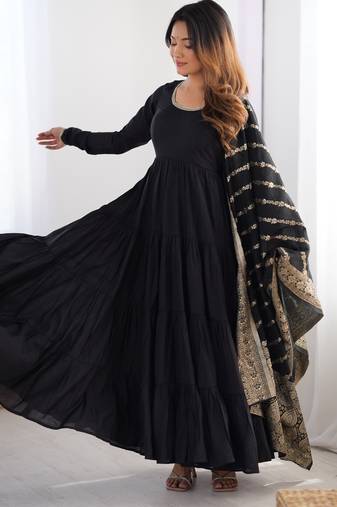Black embroidered chanderi anarkali set with dupatta