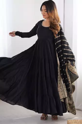 Black embroidered chanderi anarkali set with dupatta