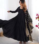 Black embroidered chanderi anarkali set with dupatta