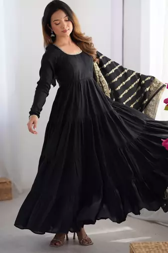 Black embroidered chanderi anarkali set with dupatta