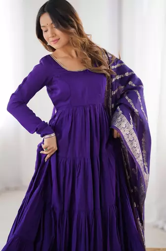 Purple pure roman silk ruffle style anarkali suit