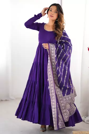 Purple pure roman silk ruffle style anarkali suit