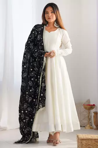 White color soft vichitra silk anarkali with black dupatta