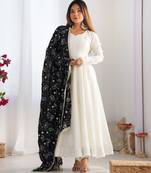 White soft vichitra silk anarkali with black dupatta