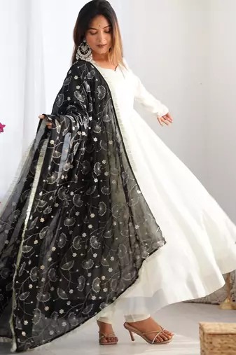White soft vichitra silk anarkali with black dupatta