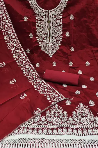women's Red chanderi cotton white embroidered lucknowi chikankari