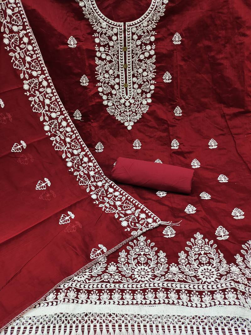 women's Red chanderi cotton white embroidered lucknowi chikankari