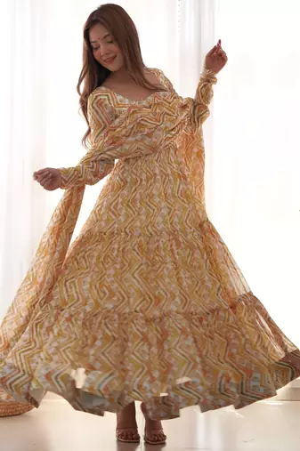 Yellow digital print georgette anarkali set