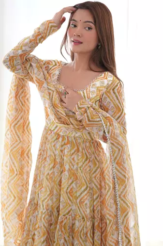 Yellow digital print georgette anarkali set