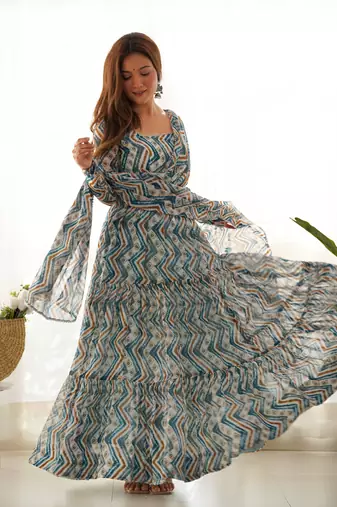 Sky blue printed faux georgette anarkali set