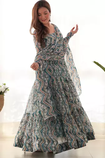 Sky blue printed faux georgette anarkali set