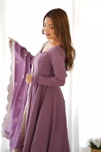 Mauve solid roman silk chanderi kurta set