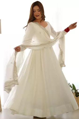 Off white solid roman silk anarkali set