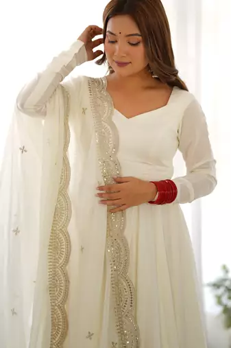 Off white solid roman silk anarkali set