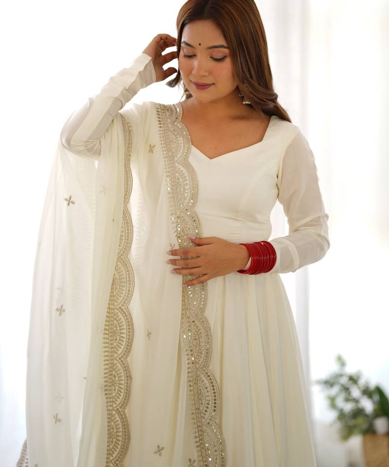 Off white solid roman silk anarkali set