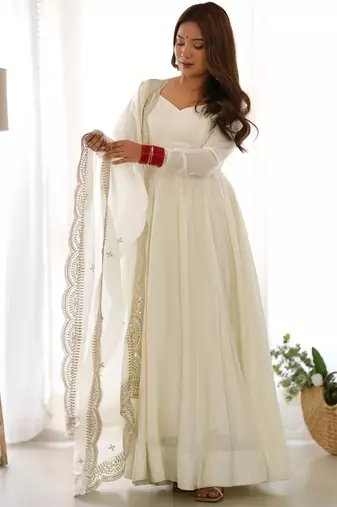 Off white solid roman silk anarkali set