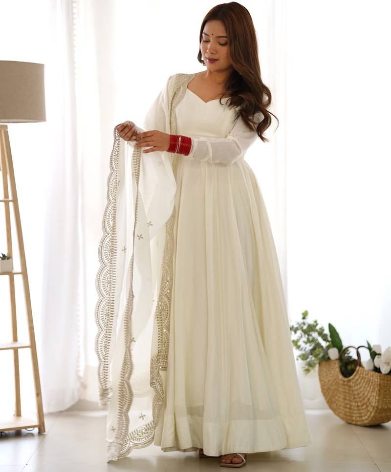 Off white solid roman silk anarkali set