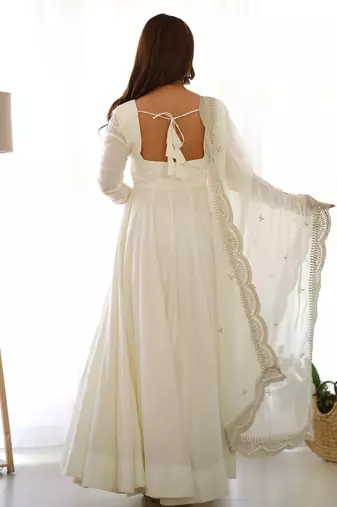 Off white solid roman silk anarkali set