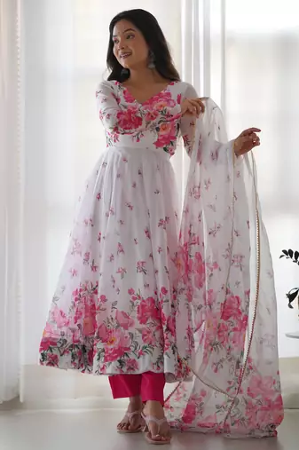 White floral print organza kurta set