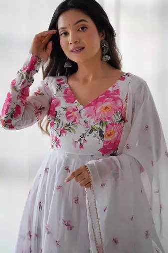 White floral print organza kurta set
