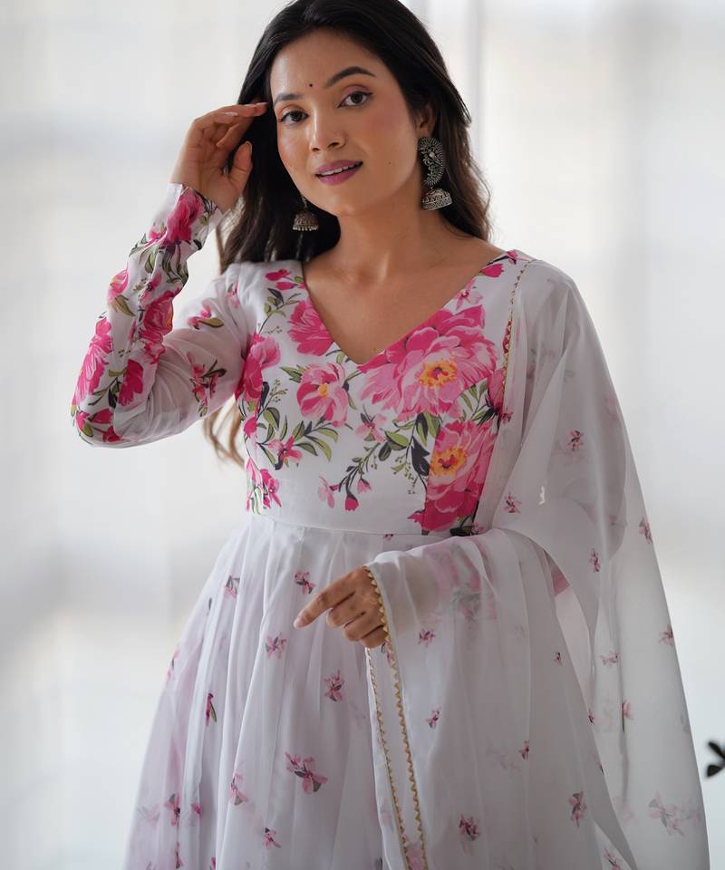 White floral print organza kurta set