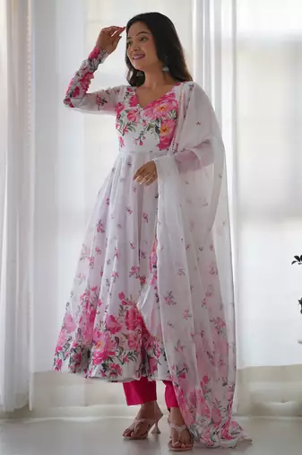 White floral print organza kurta set