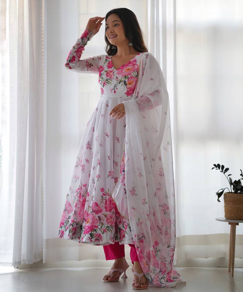 White floral print organza kurta set