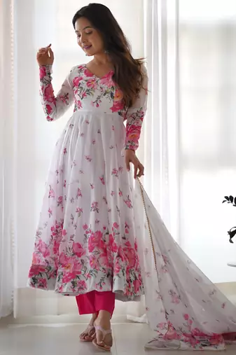 White floral print organza kurta set