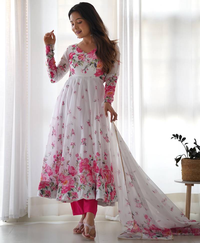 White floral print organza kurta set