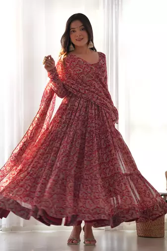 Maroon digital print georgette anarkali set