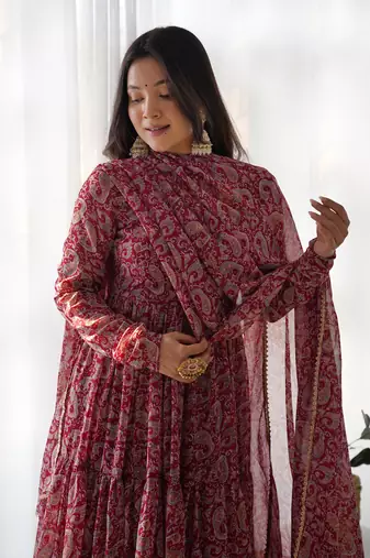 Maroon digital print georgette anarkali set
