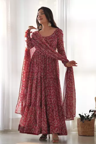 Maroon digital print georgette anarkali set