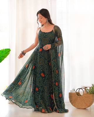 Green digital print chiffon anarkali set 1