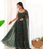 Green digital print chiffon anarkali set