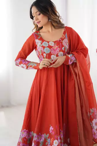Red embroidered organza anarkali set with dupatta