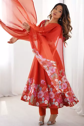 Red embroidered organza anarkali set with dupatta