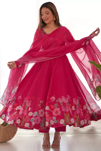 Women pink organza floral anarkali kurta with pant and dupatt