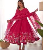 Women pink organza floral anarkali kurta with pant and dupatt