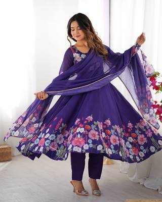 Purple embroidered organza anarkali set with dupatta 1