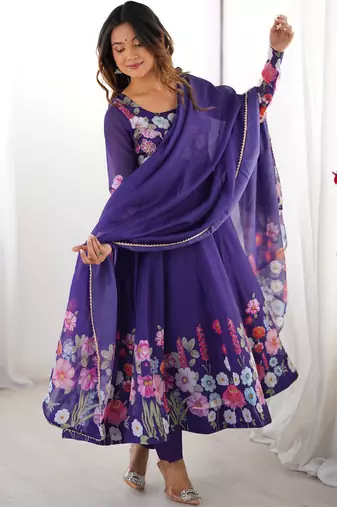 Purple embroidered organza anarkali set with dupatta