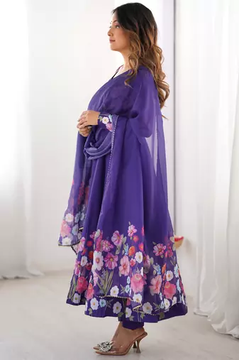 Purple embroidered organza anarkali set with dupatta