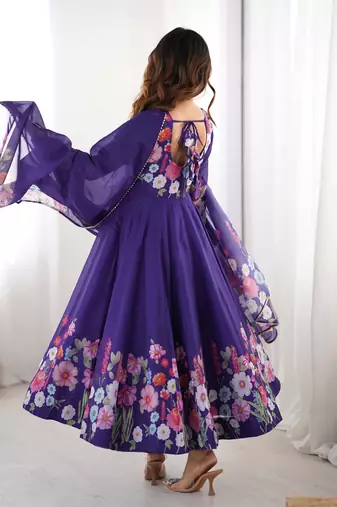 Purple embroidered organza anarkali set with dupatta
