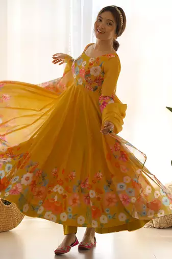 Yellow digital print embroidered organza silk kurta set