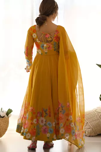 Yellow digital print embroidered organza silk kurta set