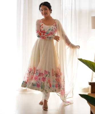 Wonderful cream floral printed organza traditional anarkali suit 1