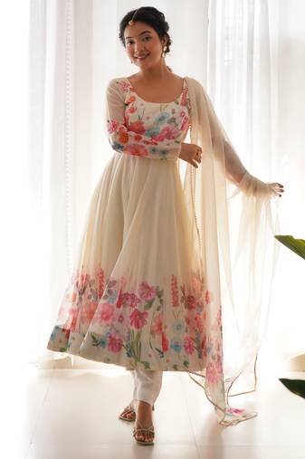 Wonderful cream floral printed organza traditional anarkali suit